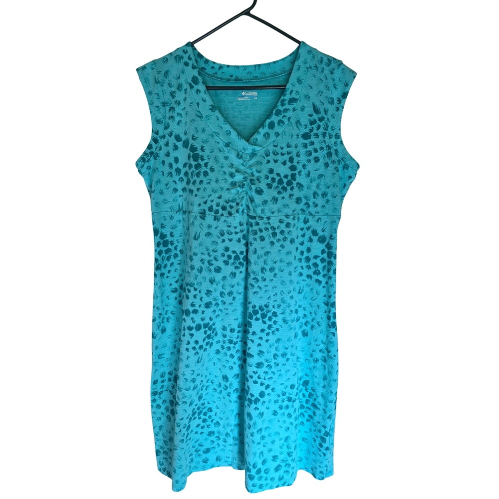 Columbia Womens Teal Blue Abstract Print V-Neck Sleeveless Empire Waist Dress L